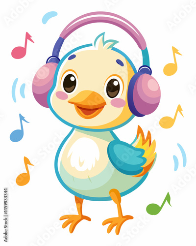 Cute Cartoon Bird Listening to Music with Headphones.