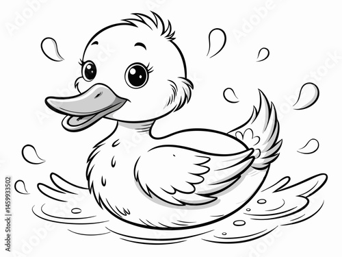 Adorable Cartoon Duckling Swimming in Water Black and White Illustration.