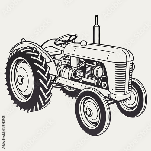 Vintage tractor illustration in black and white style  