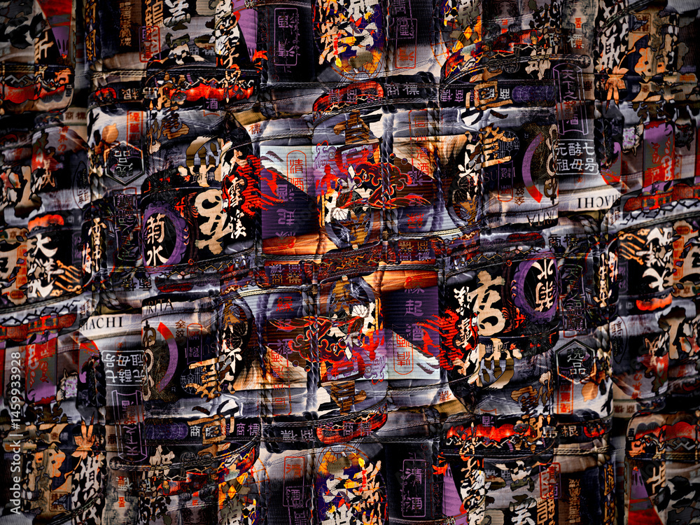 Abstract pattern of japanese beer or sake barrels lined up at a shinto buddhist shrine with bold repeat patterns and textures for graphic design background and print. Copy space no people. web design. Abstract pattern of japanese beer or sake barrels lined up at a shinto buddhist shrine with bold repeat patterns and textures for graphic design background and print. Copy space no people. web design.