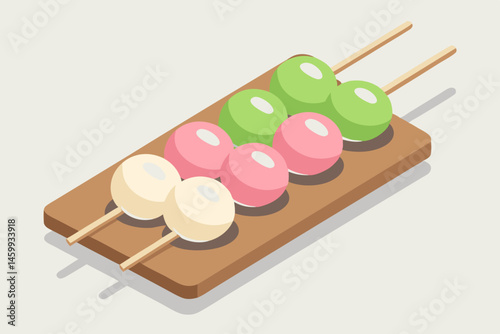 Colorful Dango Mochi on Wooden Board Japanese Sweet Treats.