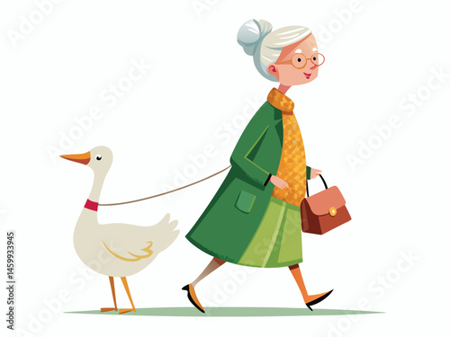 Elderly Woman Walking a Goose on a Leash.