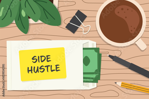 cash-filled envelope labeled Side Hustle, symbolizing additional income, freelance work, or passive earnings, perfect for business, finance, or entrepreneurship-themed designs- vector illustration