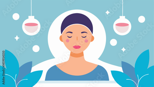 Facial Mask Treatment A woman wearing a facial mask with exosomes incorporated indicating a spalike environment and a luxurious noninvasive treatment.