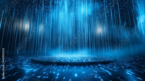 Futuristic stage with blue light and digital effects