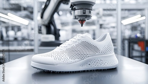 3D printed white shoe on a metallic surface,  industrial setting