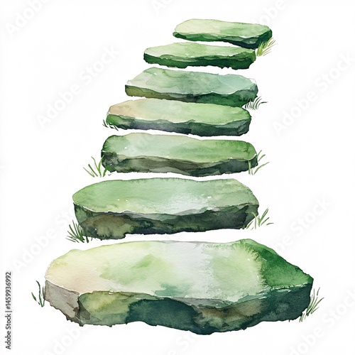 Beautifully Rendered Watercolor Segment of a Garden Stepping Stone Path