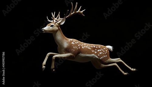 Fallow deer in mid-leap.  Detailed 3D render of a spotted deer in motion against a black background.  Elegant, graceful posture