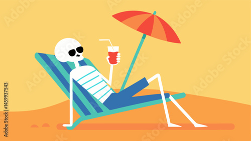 Relaxed Posture Illustrate a skeleton reclining in a colorful beach chair with its arms resting behind its head. Sunlight casts a warm glow on the sandy beach while the skeleton