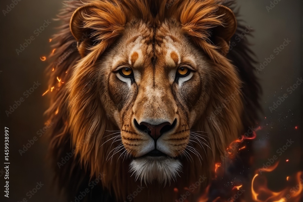 Fototapeta premium Majestic Lion Portrait Fiery Mane and Intense Gaze