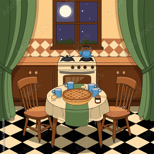 Cozy Evening Ambiance in a Traditional Kitchen with a Full Moon Shining Through the Window and a Delicious Pie as the Centerpiece.
