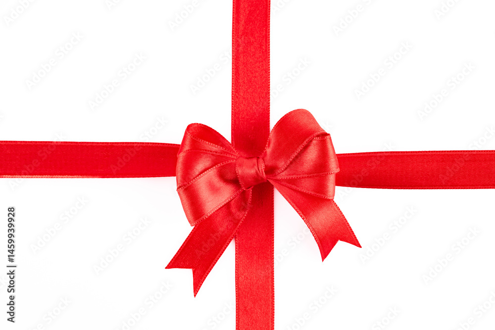 Red ribbon and bow on white background