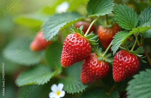 Close-up view ripe red strawberries. Fresh organic berries on green leaves. Healthy fruit harvest growing at farm. Summer season, tasty dessert. Agriculture, gardening concept.
