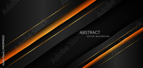 Abstract black and orange polygon with golden lines on dark steel mesh background with free space for design. modern technology innovation concept background	