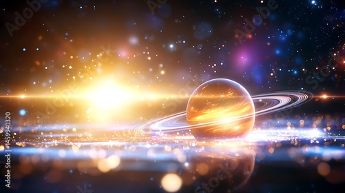 Sci Fi Planet with Rings Orbiting Red Dwarf Star in Deep Space Galaxy with Digital Pixel Art and Beautiful Reflection