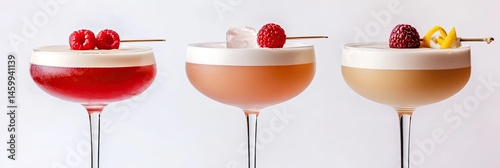 Three layered cocktails, garnished with raspberries and lemon zest