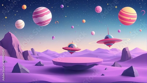 3d kid background. Galaxy space podium, rocket planet and toy spaceship as star children products promo presentation, birthday room. Cute cartoon childish banner backdrop. Vector showcase	