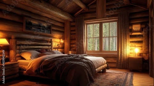 Wallpaper Mural Rustic log cabin bedroom interior with bed, window, and warm lighting at night Torontodigital.ca