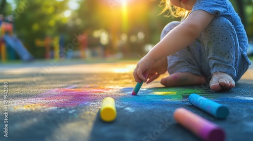 Child creating colorful designs on asphalt pavement outdoors.
