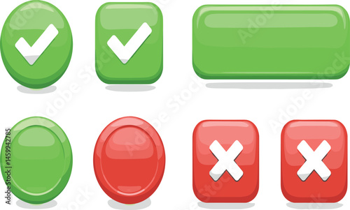 Right and wrong 3D buttons. Tick cross, red and green glossy round and square checklist icons. Check mark acceptance, X rejection button.