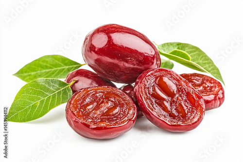 Sliced and whole jujube fruit with green leaves isolated Generative AI