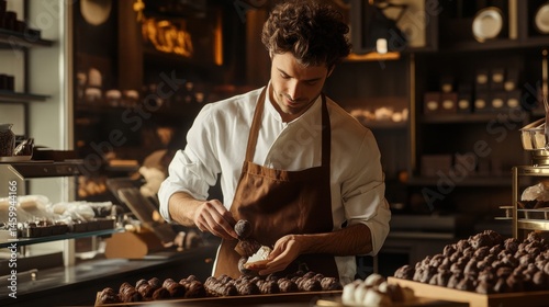 A focused confectioner meticulously prepares chocolates in a shop.