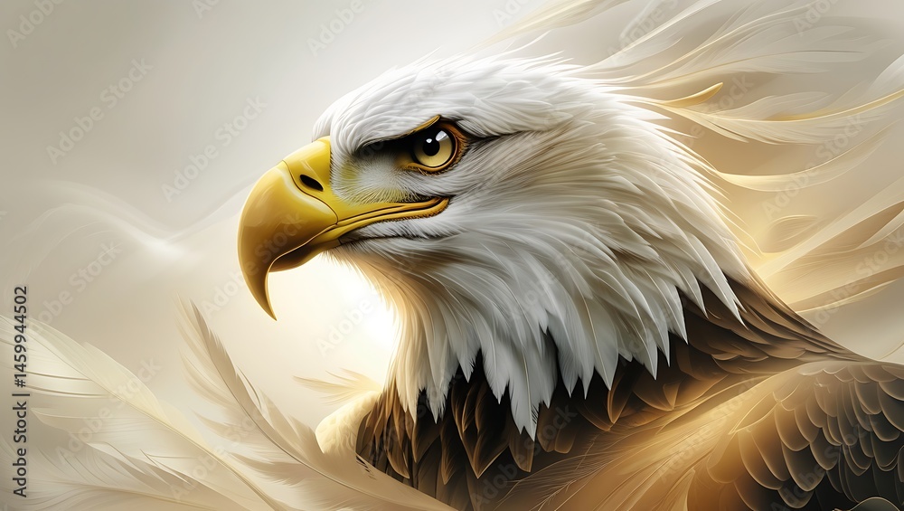 Fototapeta premium A serene abstract background with soft, feather-like textures in creamy white, earthy brown, and warm gold, evoking the majesty of a bald eagle. It conveys calm power and American pride.