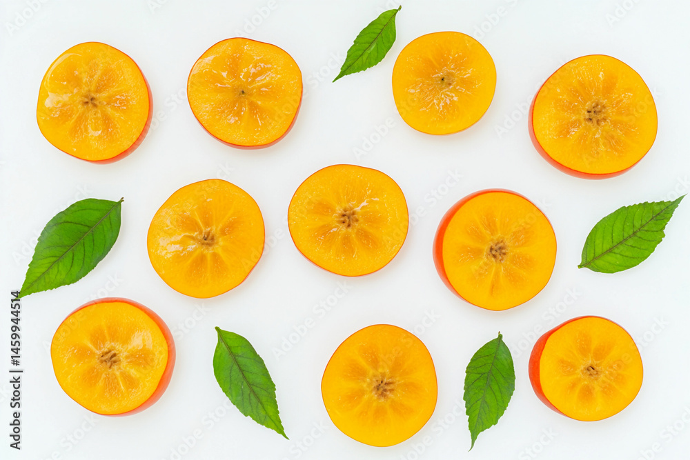 Obraz premium Fresh slices and whole persimmons surrounded by leaves Generative AI