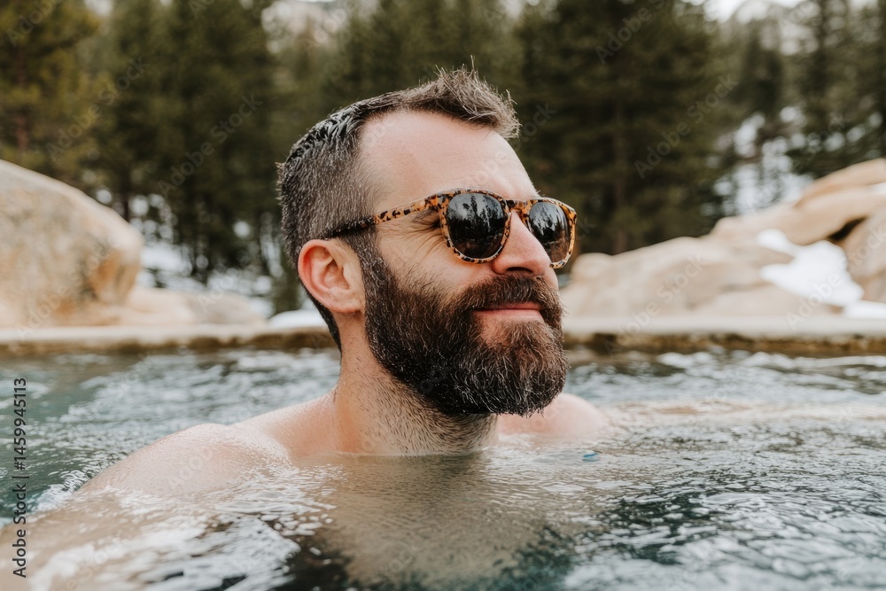 Fototapeta premium Relaxing in a Hot Spring, A Man's Serene Moment in Nature