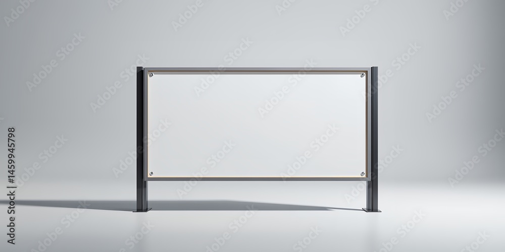 Obraz premium A blank white billboard with a dark gray metal frame stands in a minimalist gray space studio