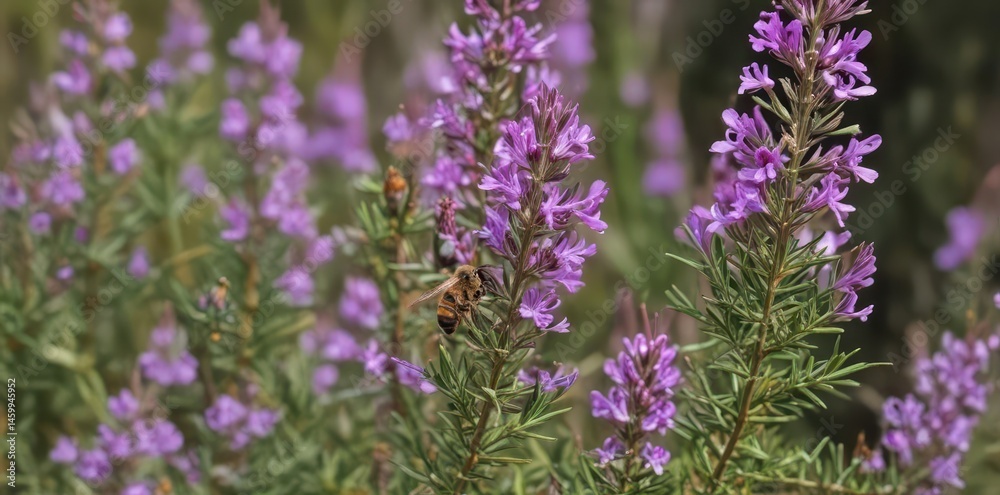 Obraz premium A bee pollinating vibrant purple rosemary blossoms in a natural setting , herb, rosemary
