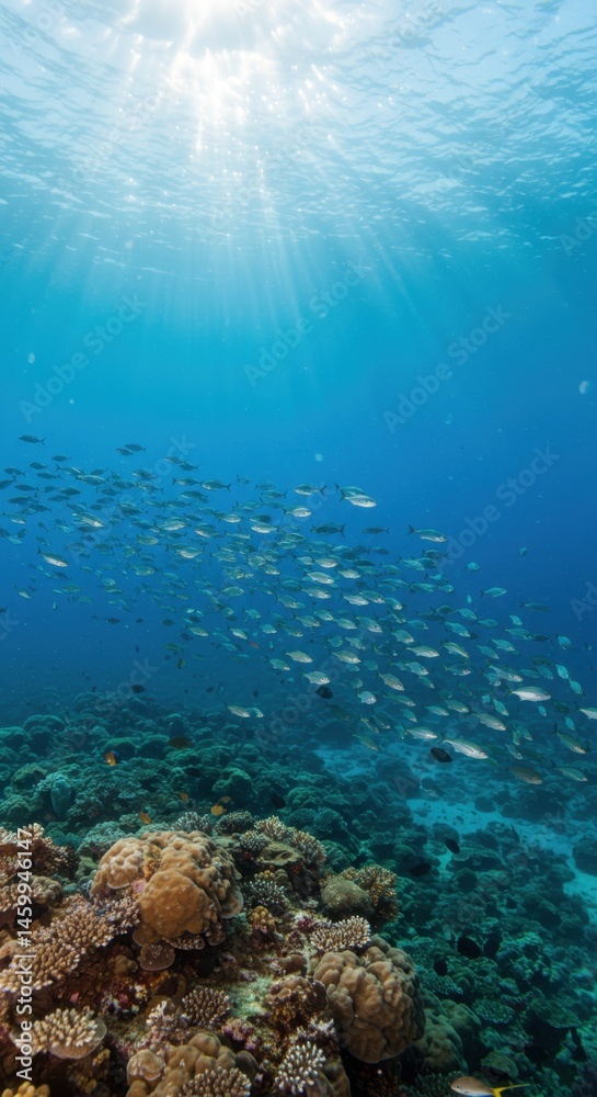 Fototapeta premium Sunlit Underwater Paradise: A School of Fish Above Vibrant Coral Reef