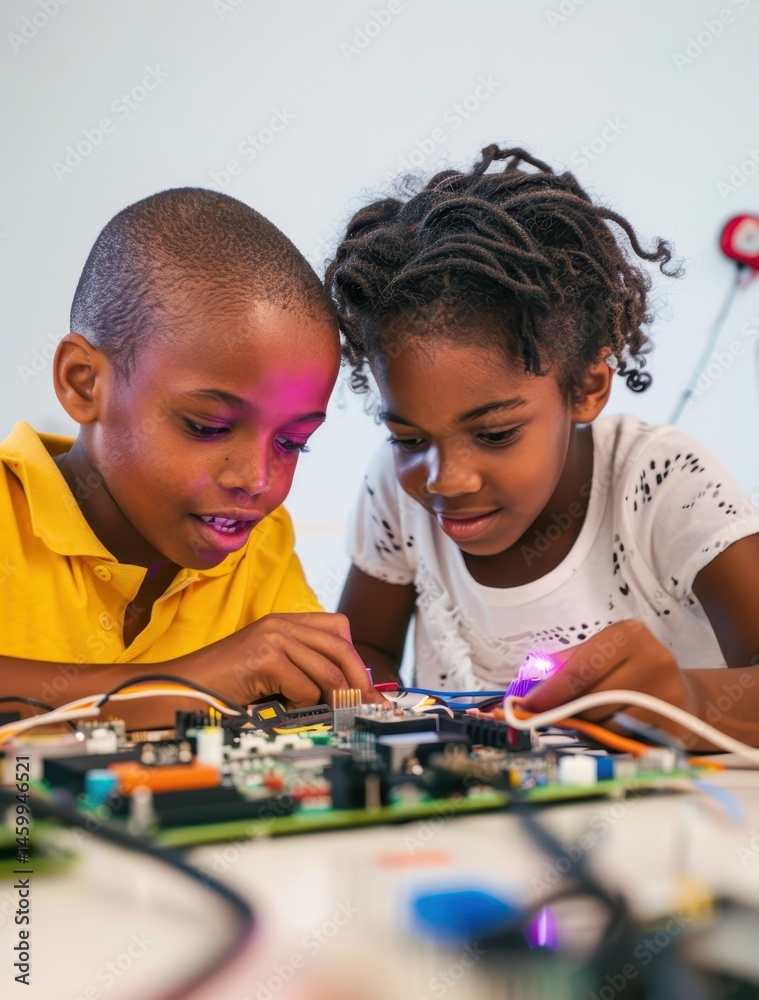 Fototapeta premium Two teens in hoodies, girl and boy with dark skin, build circuit with wires and microchips at school, tools and LEDs, STEM project.