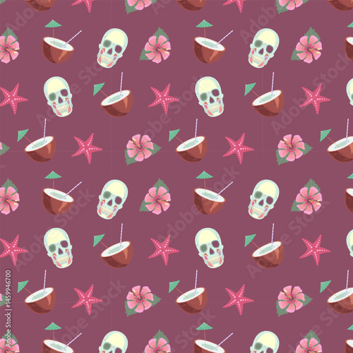 Pattern with skull, hibiscus flower, cocktail in coconut and starfish on burgundy background