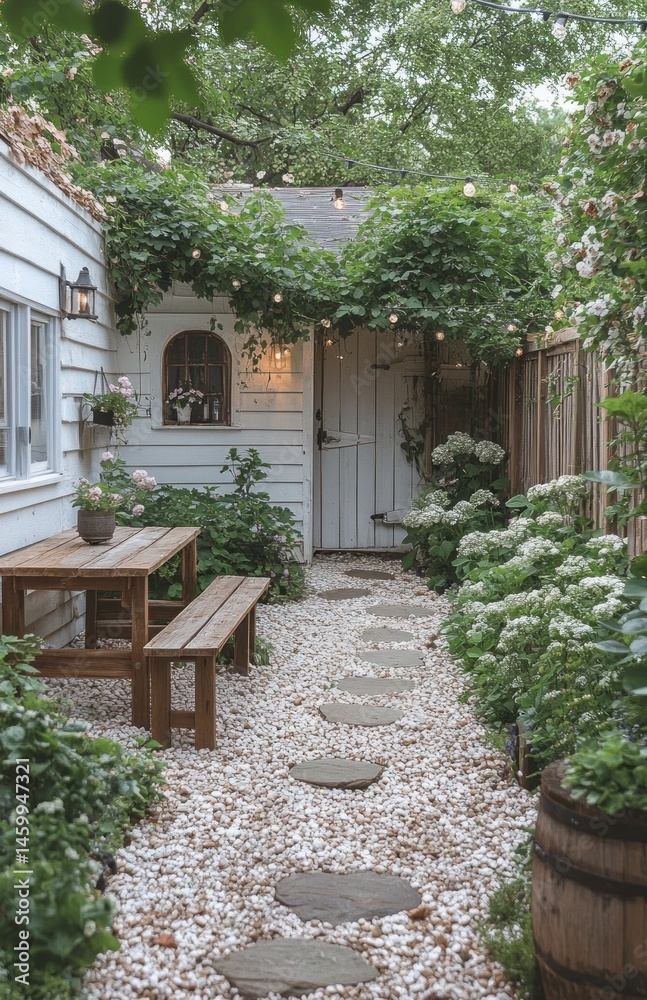 Fototapeta premium Charming backyard patio garden path, stone walkway, plants, evening lights
