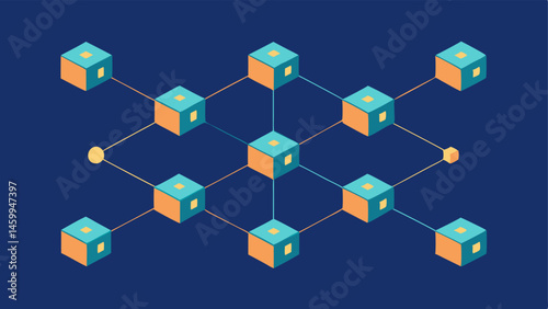 Distributed Ledger A series of parallel lines with blocks floating above them each block showing random alphanumeric codes portraying the concept of a distributed ledger.