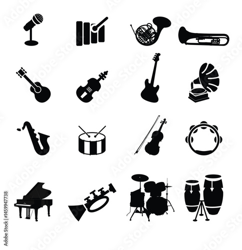 A vector set features silhouette musical instrument icons, a collection of music symbols and equipment like guitar, piano, and harp
