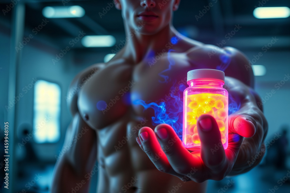 Glowing supplement bottle. Person holding illuminated bottle of yellow capsules with blue light effects in a dimly lit fitness environment.