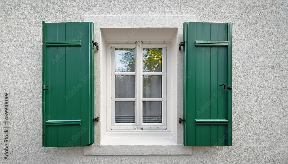 Fototapeta premium elegant white window with green shutters framed by a simple wall
