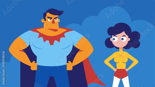 Superhero Twist The boyfriend is a heroic figure with a broad chest and a silly cape looking distractingly at a supervillain with elaborate exaggerated features and a fancy weapon.