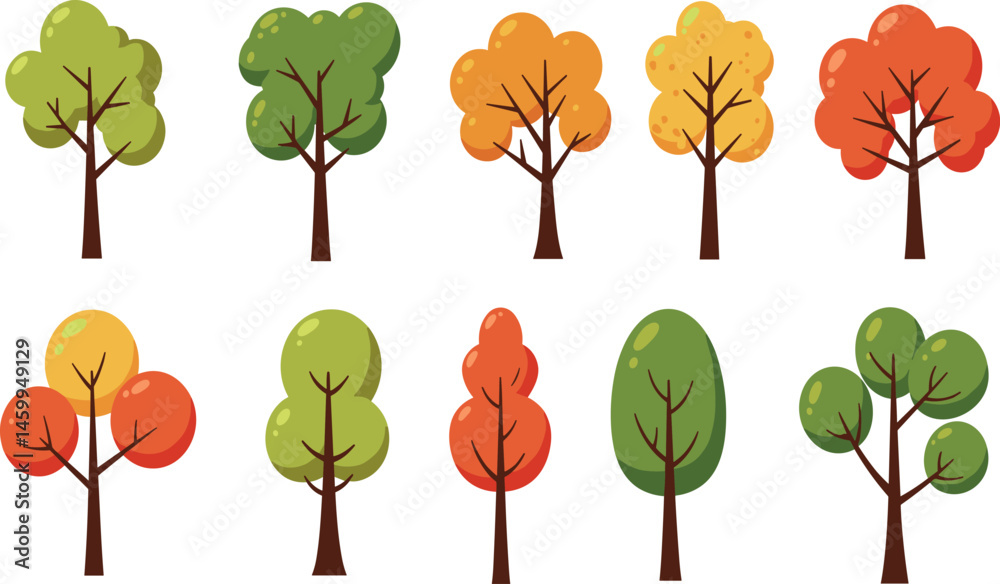 Fototapeta premium Simple tree. Flat green forest. Naive botanical garden plant with leaves, crown, trunk. Park foliage trees. Nature scene. Eco-friendly green graphics. Forests silhouette