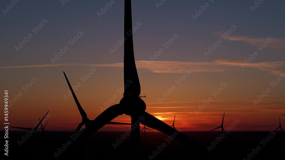 Wind farm at sunrise, wind generators aerial view, windmills generating electricity, drone shot, golden hour, green renewable energy, wind turbine