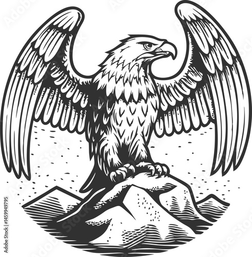 Highly detailed engraving of an eagle with wings spread, perched on a rock with mountain background in dramatic vintage fine line style

