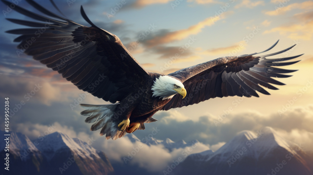 Obraz premium Bald eagle flying over mountains with wings spread wide against a cloudy sky at sunset time