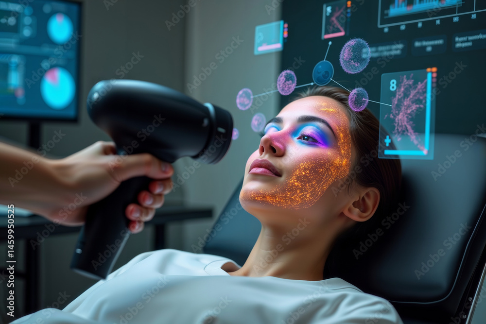 Futuristic Facial Treatment. Woman receives advanced skincare procedure with light therapy and holographic data analysis in a modern clinic.