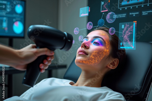Obraz na płótnie Futuristic Facial Treatment. Woman receives advanced skincare procedure with light therapy and holographic data analysis in a modern clinic. w salonie