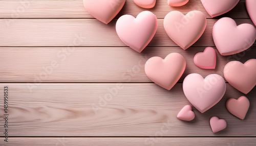 pastel pink hearts delicately arranged along a light wooden background with a warm gradient and open copy space on the right for a romantic valentinea s day message photo