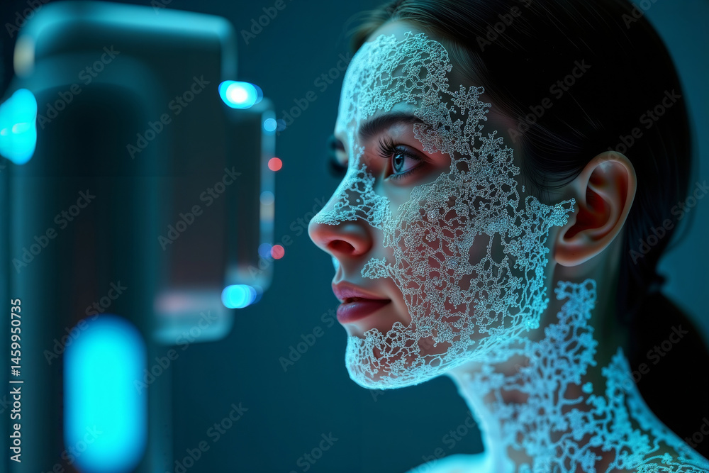 LED face mask treatment. Side profile of woman with illuminated blue light pattern mask during high-tech beauty therapy session for skin rejuvenation.