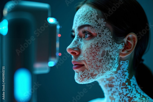 Obraz na płótnie LED face mask treatment. Side profile of woman with illuminated blue light pattern mask during high-tech beauty therapy session for skin rejuvenation. w salonie