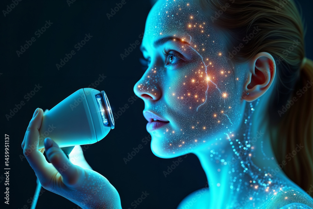 Futuristic skincare treatment. Woman using a glowing blue light therapy device on her face with particle effects for skin rejuvenation.